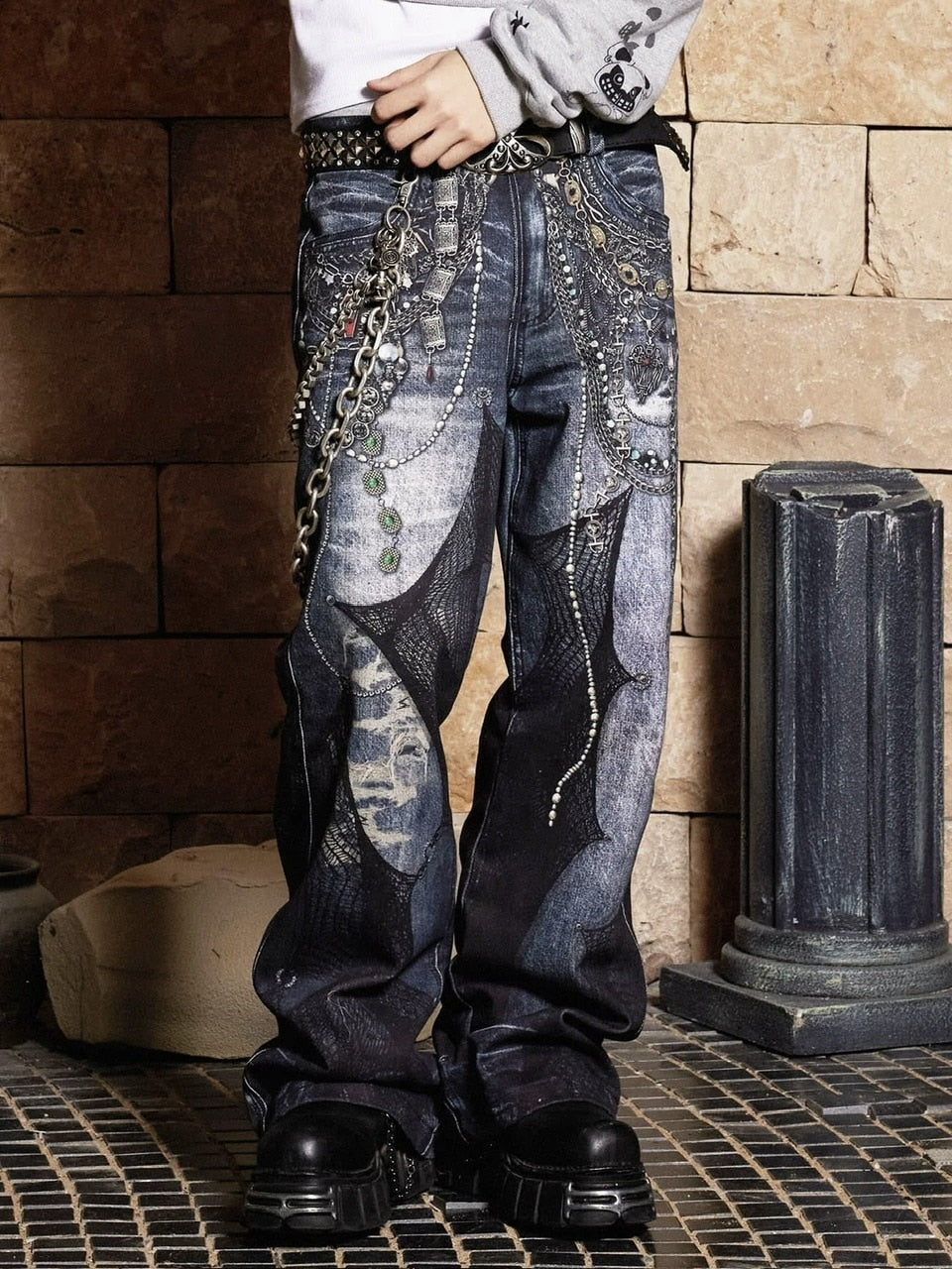 【DND4DES】CHAIN LACE PATCHWORK FLARED JEANS