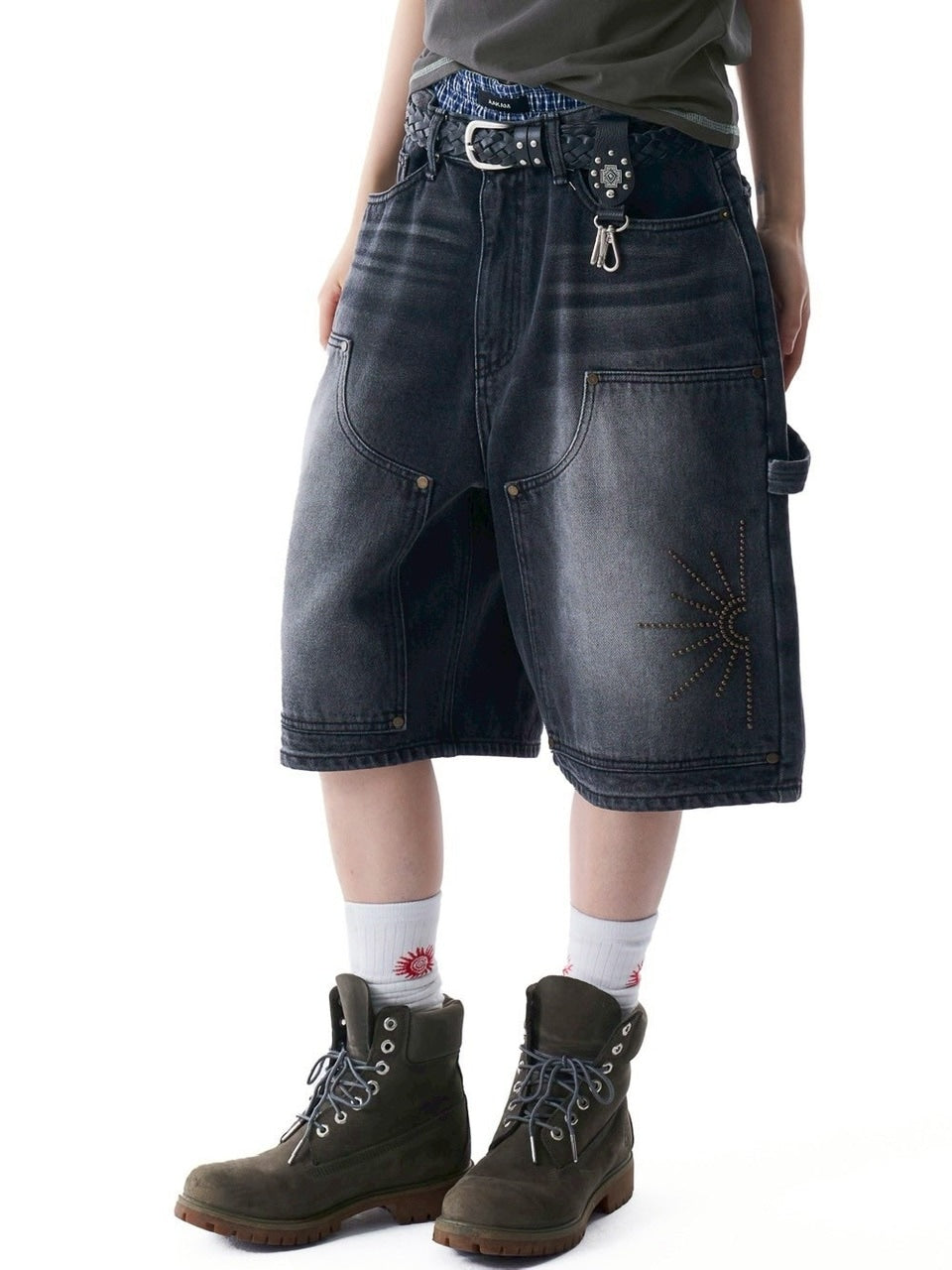 【AAKAM】Washed Double Knee Bermuda Denim Pants