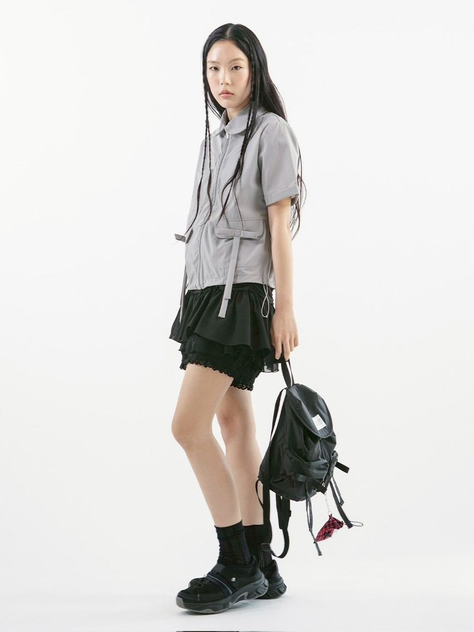 【TUOMIO】ROUND COLLAR NYLON ZIP-UP / 【トゥオミオ】ラウンドカラーナイロン半袖シャツジャケット