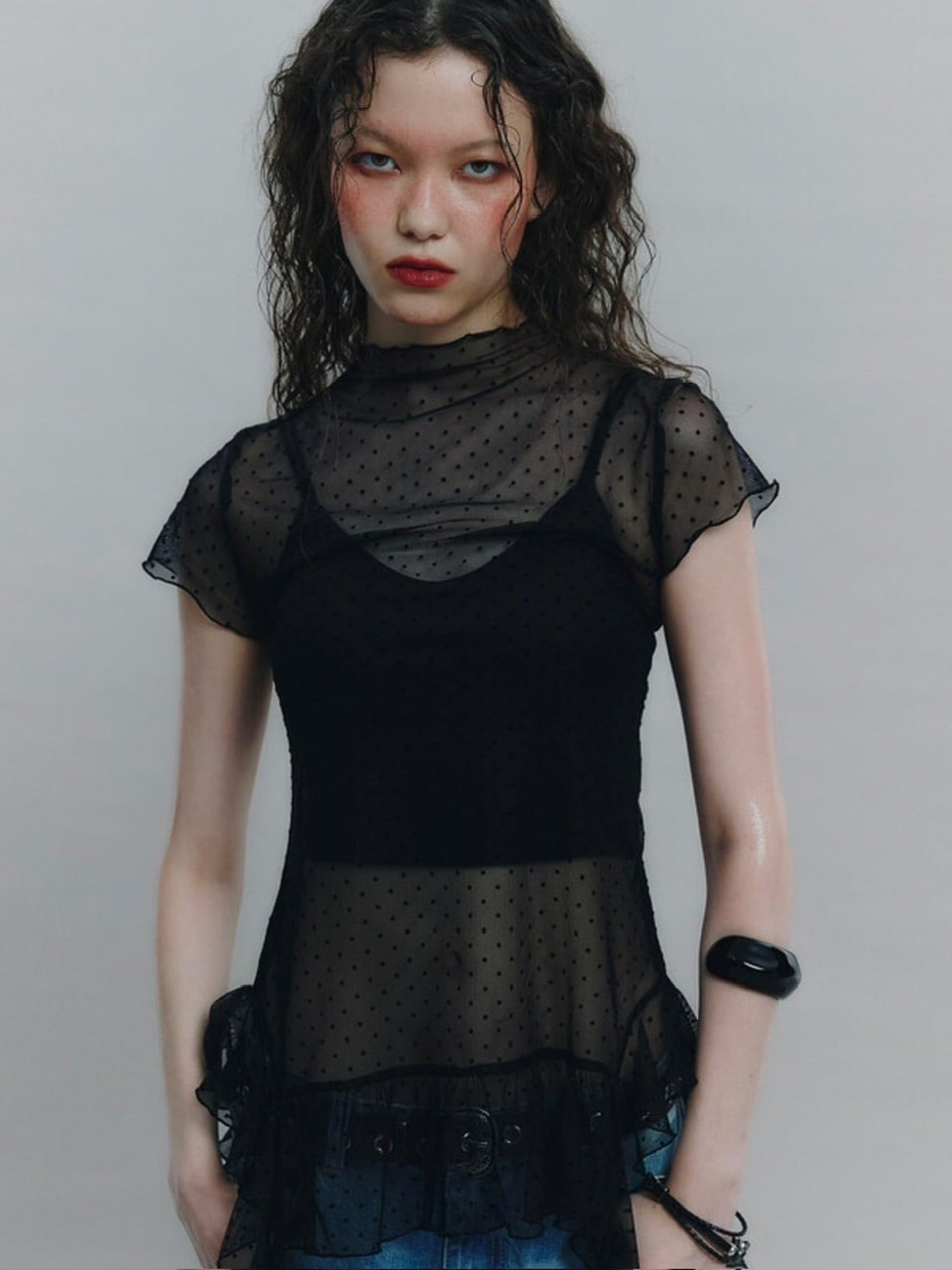 【NOT KNOWING】Dot Mesh Ruffle Top / 【ノットノーイング】ドットメッシュラッフル半袖Tシャツ