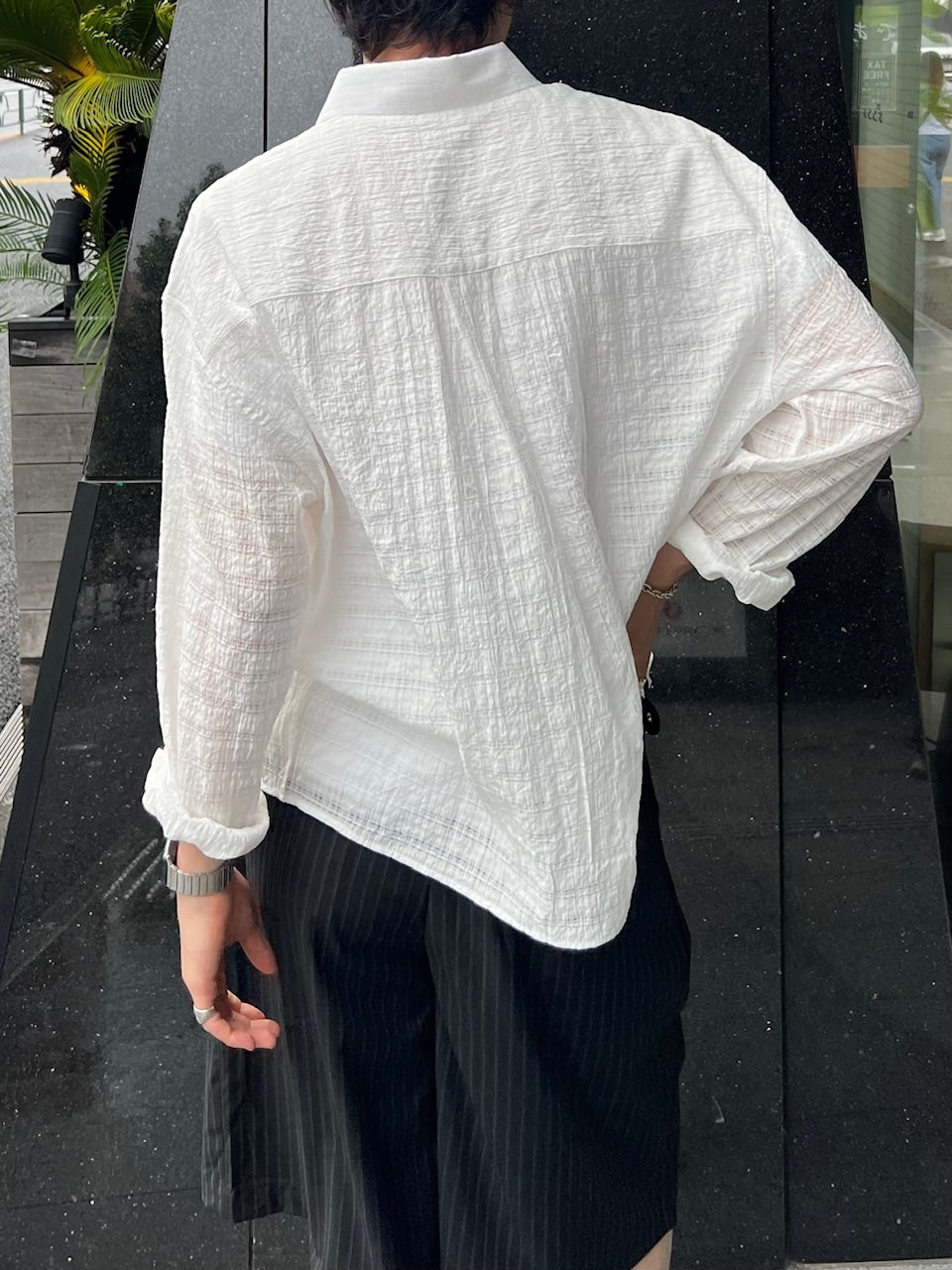 東京店WEB限定受注制【Chikashitsu +】cropped check sheer shirt / 【チカシツプラス】クロップドチェックシアーシャツ (3color)