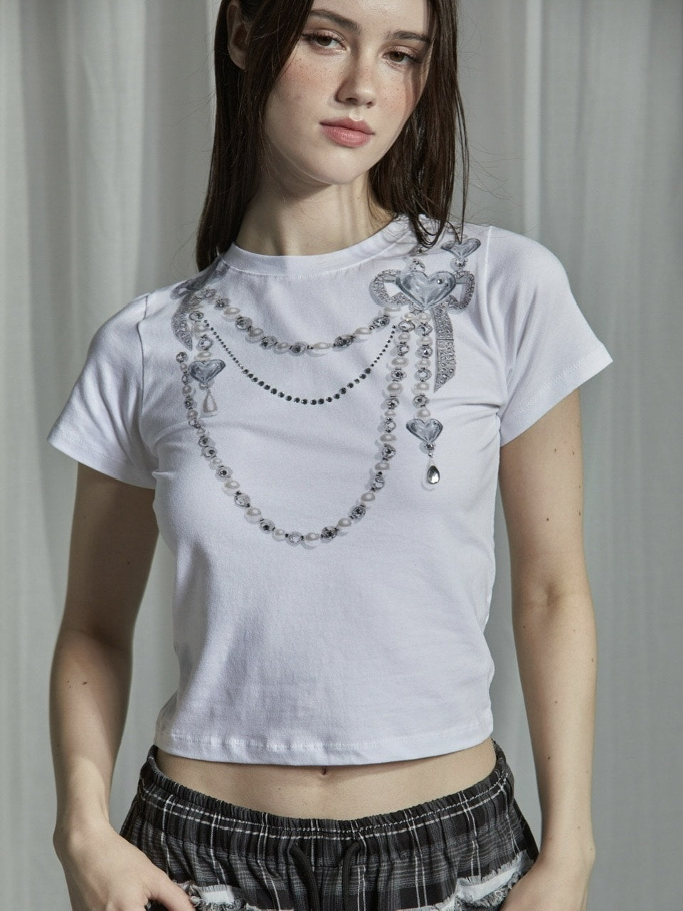 【GATELESS】NECKLACE PRINT CROPPED T-SHIRT / 【ゲートレス】ネックレスプリントクロップド半袖Tシャツ
