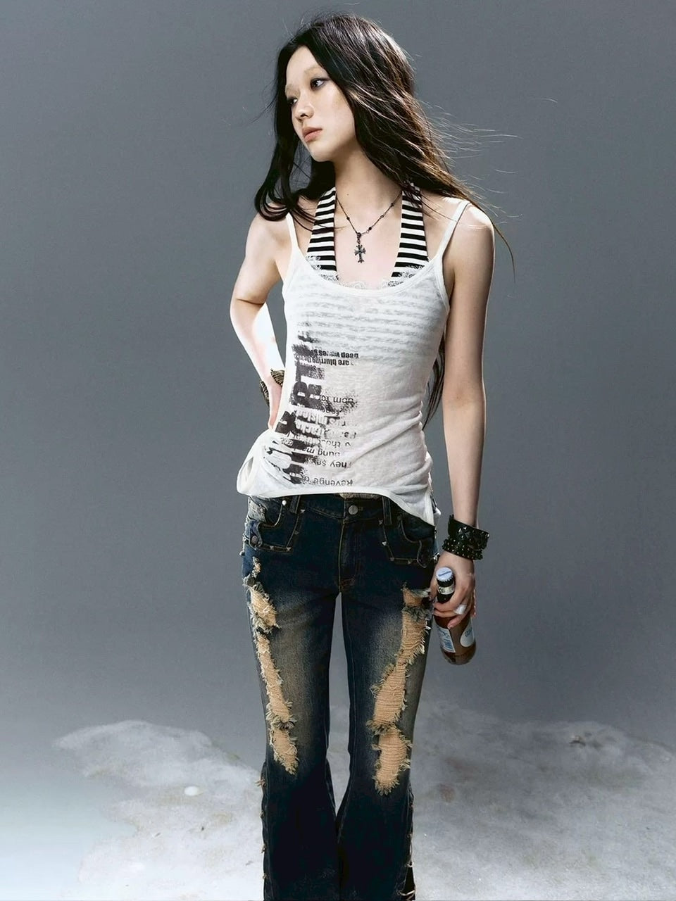 【Cest Nous】Graffiti Tank Top / 【セヌー】2wayグラフィックボーダーレイヤードタンクトップ