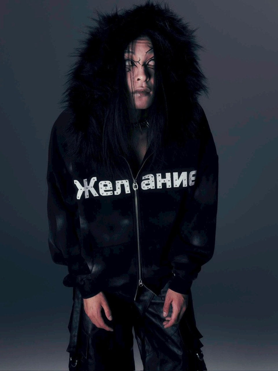 【DIG YOUR OWN GRAVE】Желание FUR HOODIE /【ディグユアオウングレイブ】ファーフードフードジェラーニエロゴジップアップパーカー