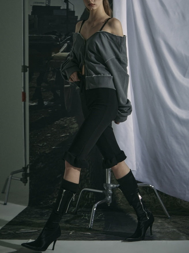 【GATELESS】OFF-SHOULDER ZIP SWEAT / 【ゲートレス】オフショルダージップスウェット