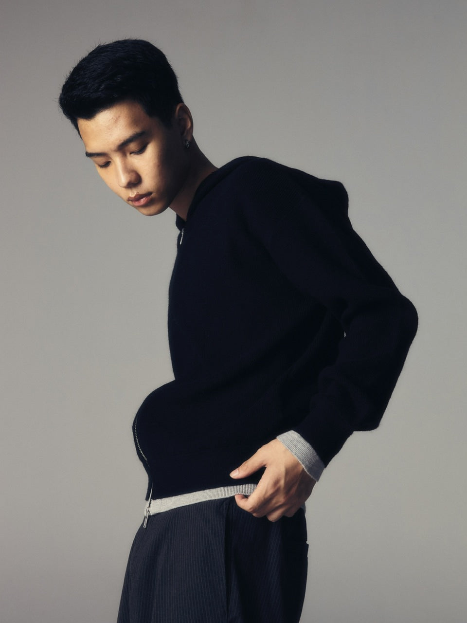 【CS】layered knit zip hoodie (black) / 【シーエス】レイヤードニットジップフーディー