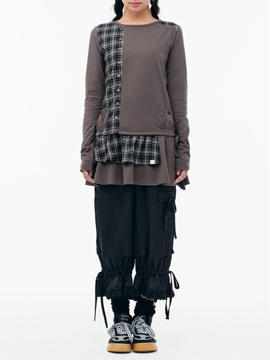 【TUOMIO】CHECK MIXED JERSEY DRESS / 【トゥオミオ】チェックミックスジャージワンピース