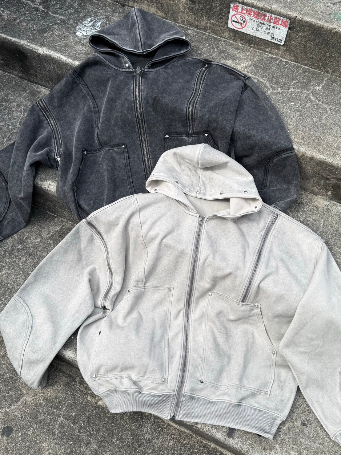 【Never mind the XU】studs washing zip up hoodie / 【ネバーマインドザエックスユー】スタッズウォッシングジップパーカー