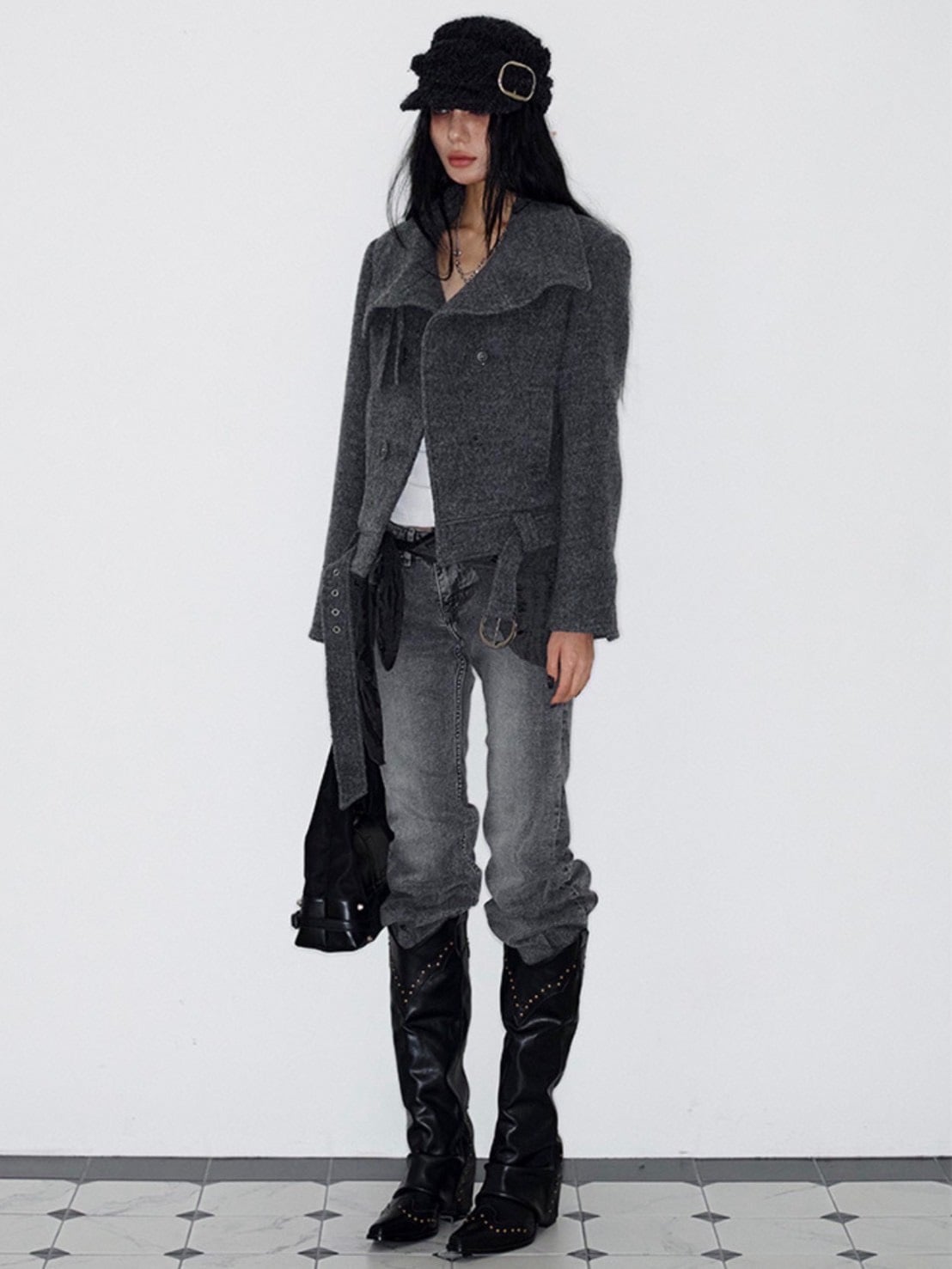 【NOT KNOWING】Double Belted High-Neck Coat