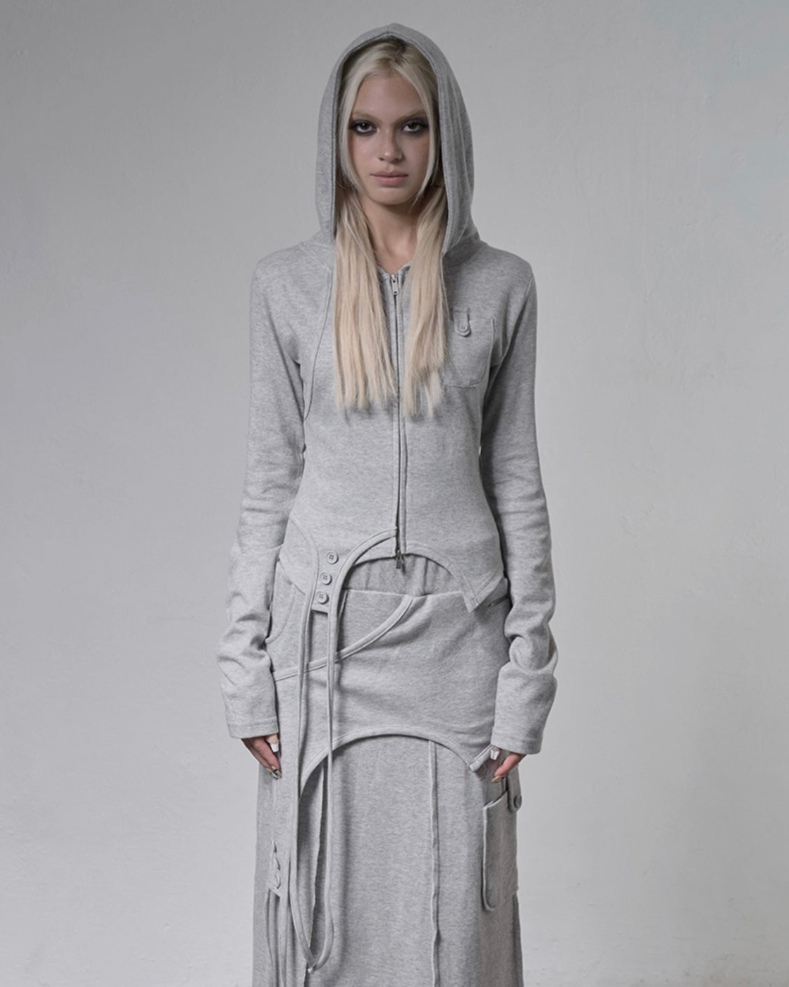 【FANCY CLUB】OVERLAY CROP HOODED ZIP-UP