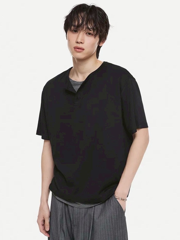 【DNSR】Layered Henley Neck T-Shirt