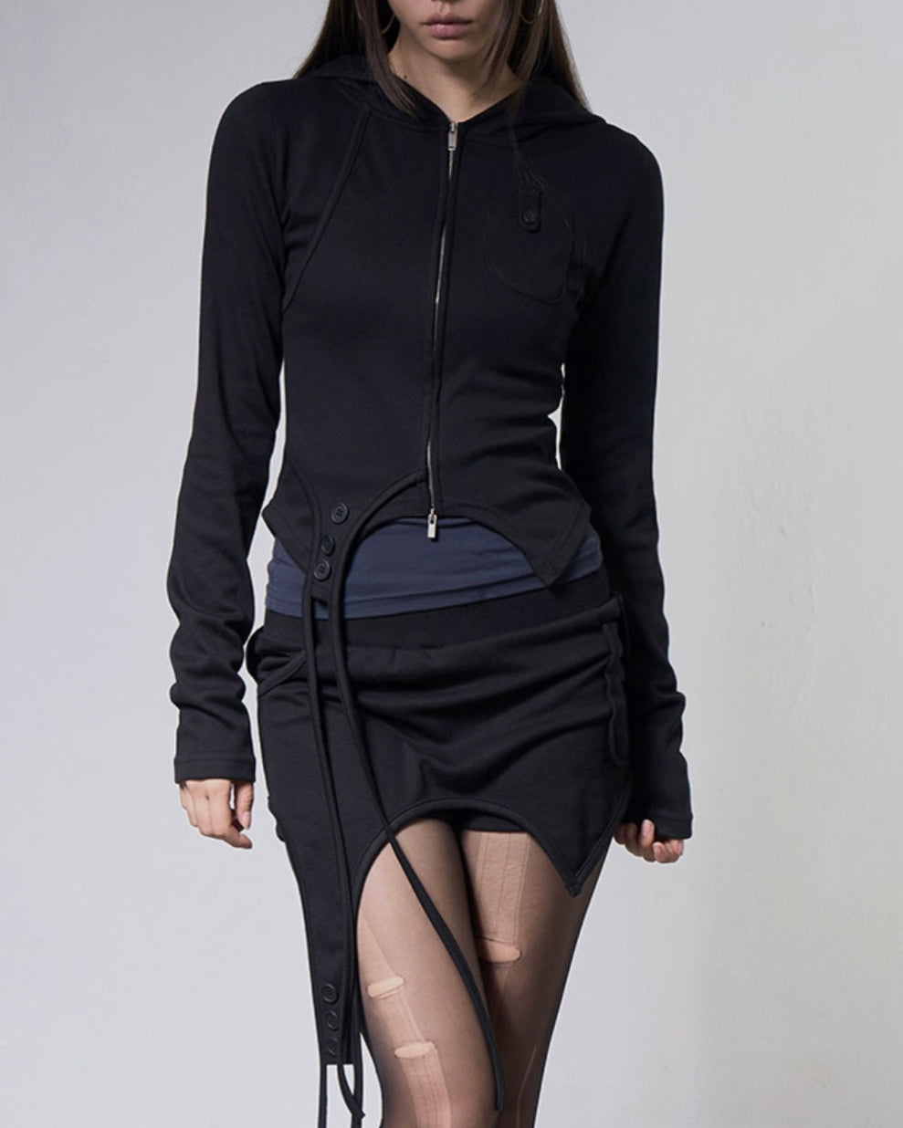 【FANCY CLUB】OVERLAY CROP HOODED ZIP-UP