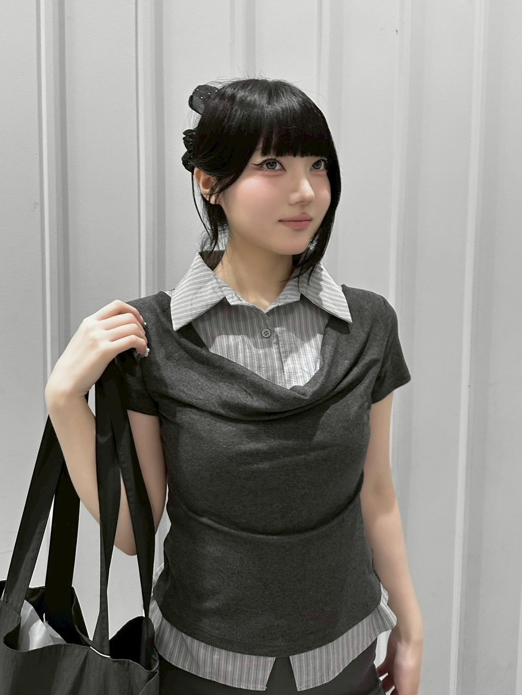 受注制【nmtc+】Layered Draped Shirring Shirt Top (2color)
