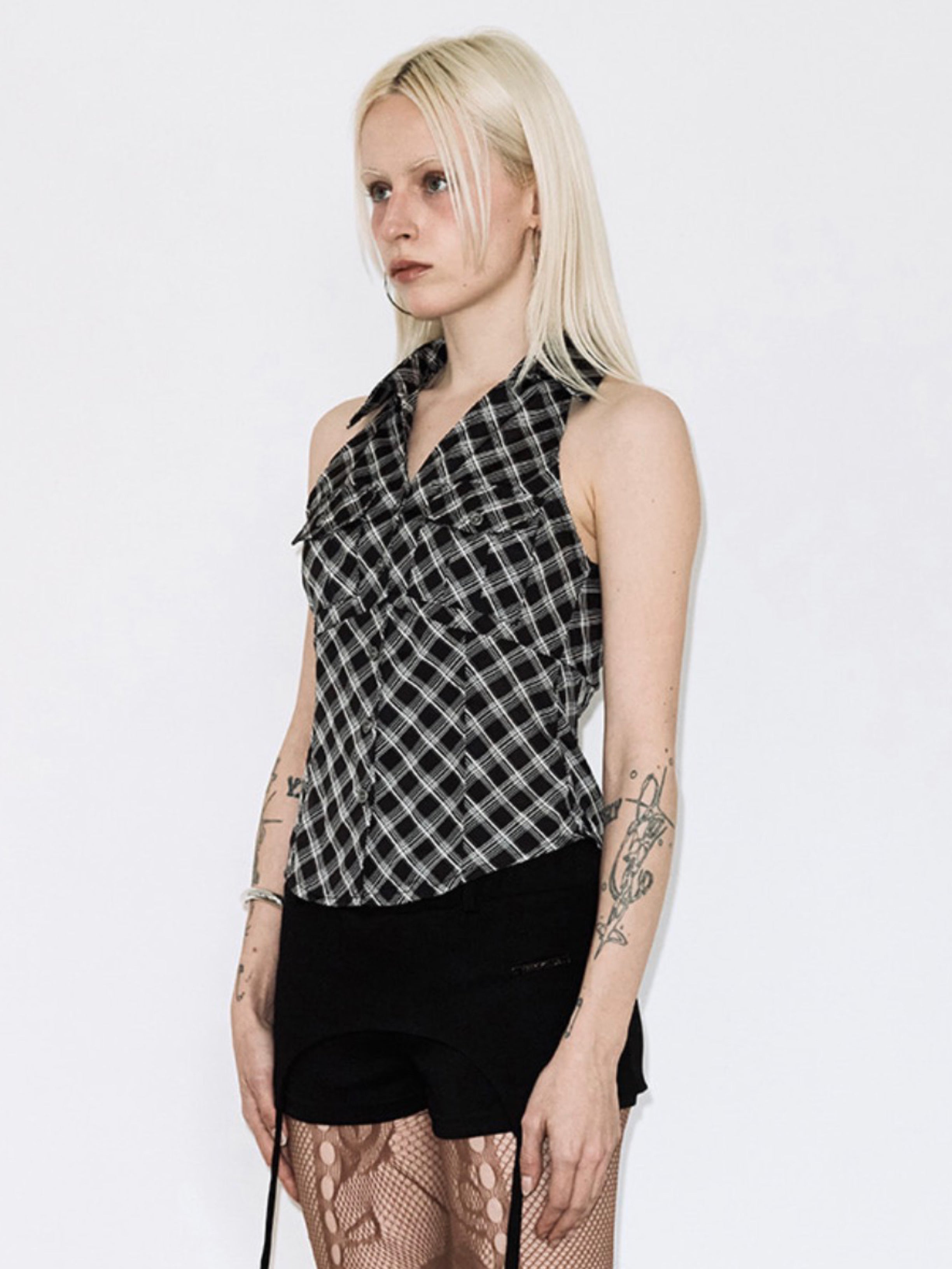 【FANCY CLUB】POCKET CHECK HALTERNECK TOP