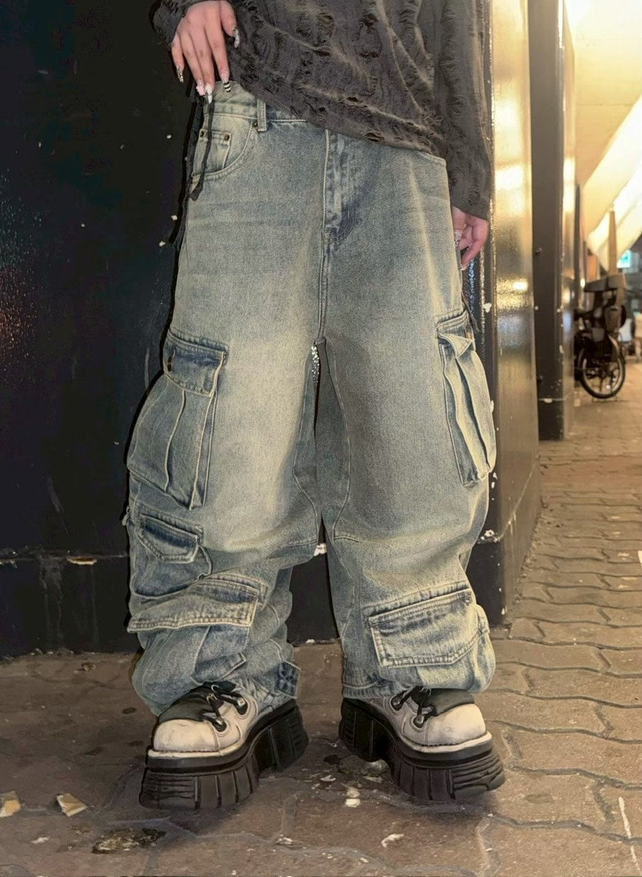 受注制【Never mind the XU】pocket cargo denim pants (2color) / 【ネバーマインドザエックスユー】ポケットカーゴワイドデニムパンツ