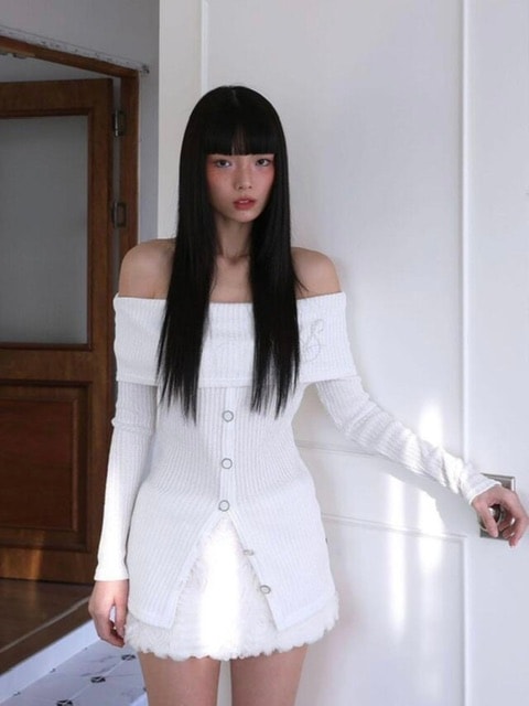 【Uglyshadow】BEAD KNIT OFF-SHOULDER / 【アグリーシャドウ】ビーズロングオフショルダー長袖カーディガン