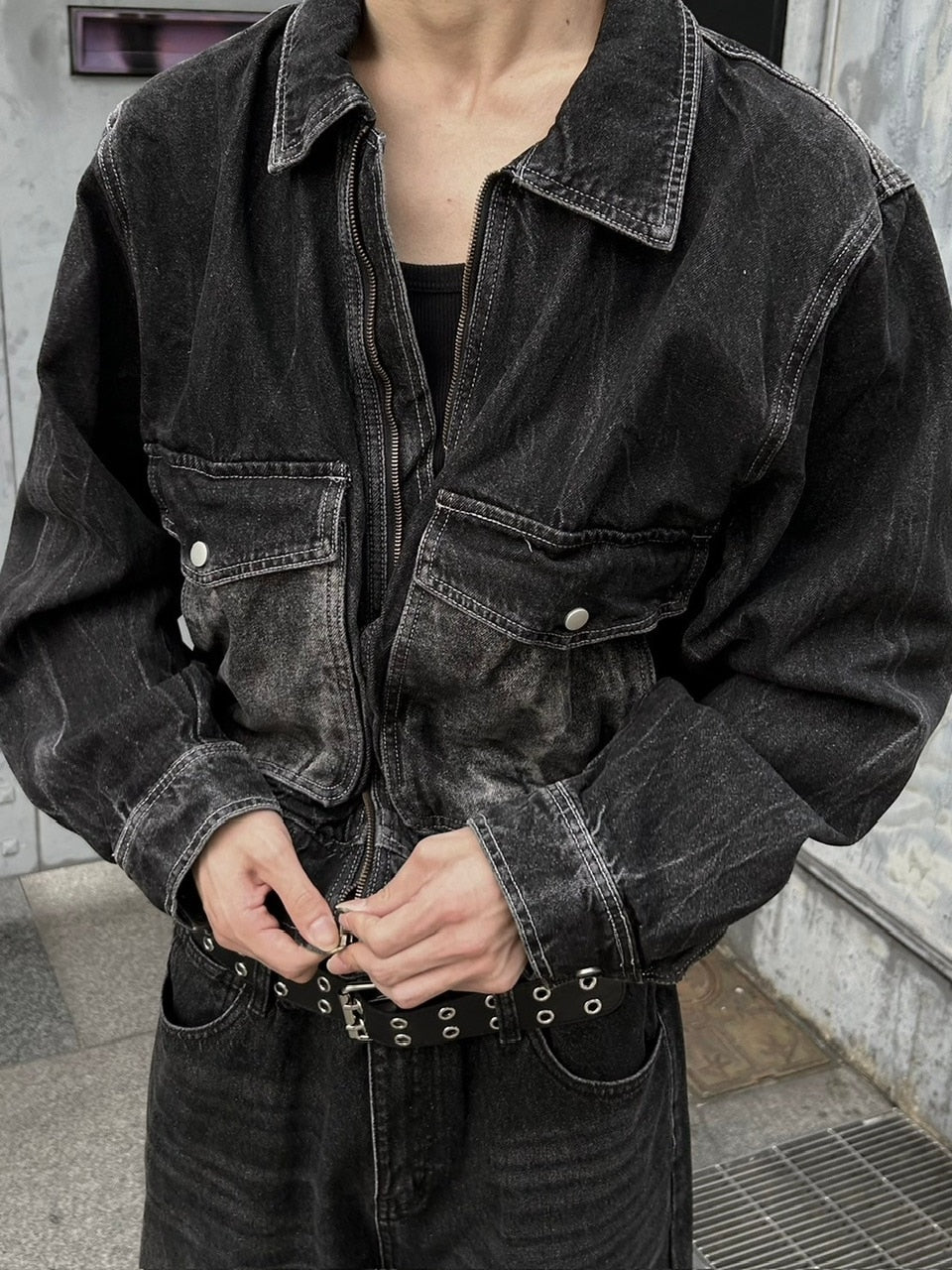 大阪店WEB限定受注制【Chikashitsu +】vintage wash cropped denim jacket (black)