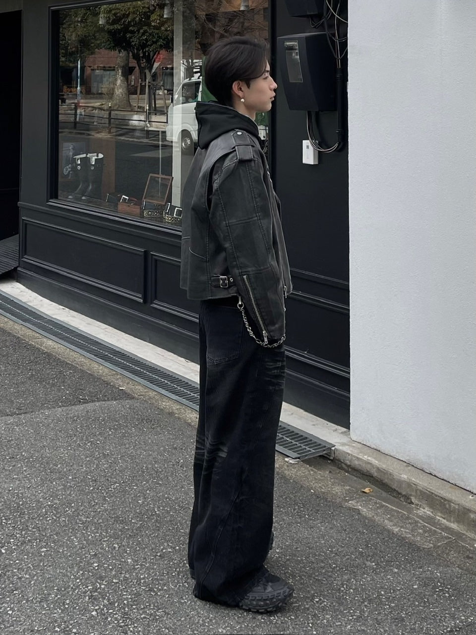受注制【Chikashitsu +】aging wash cropped riders jacket