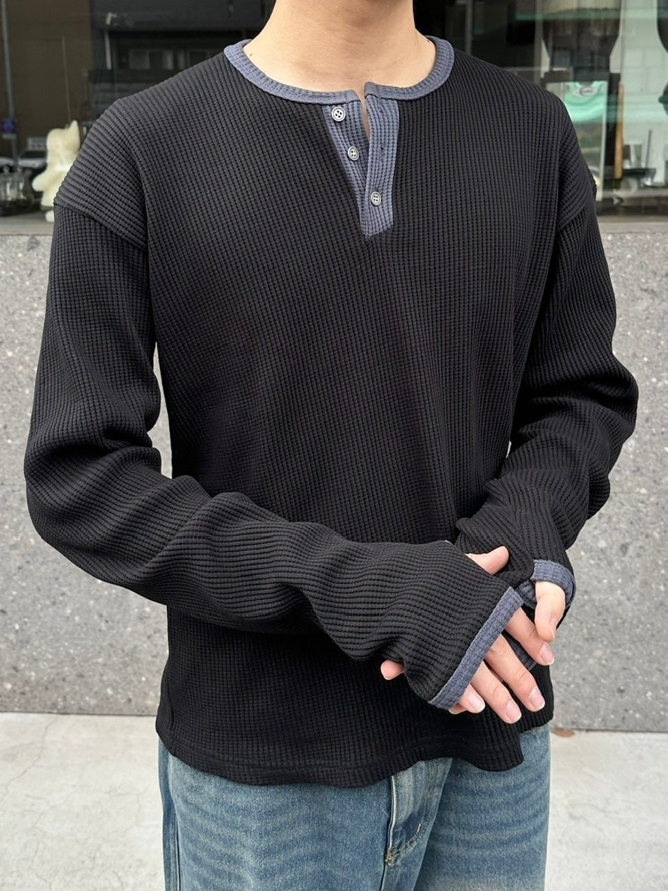 受注制【youll】henry neck waffle long tee (2color)