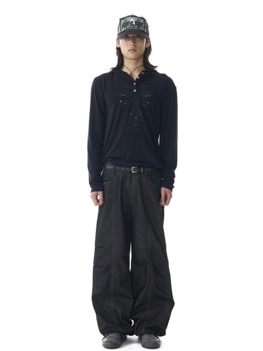 【AAKAM】Studded Leaf Hooded Long Sleeve