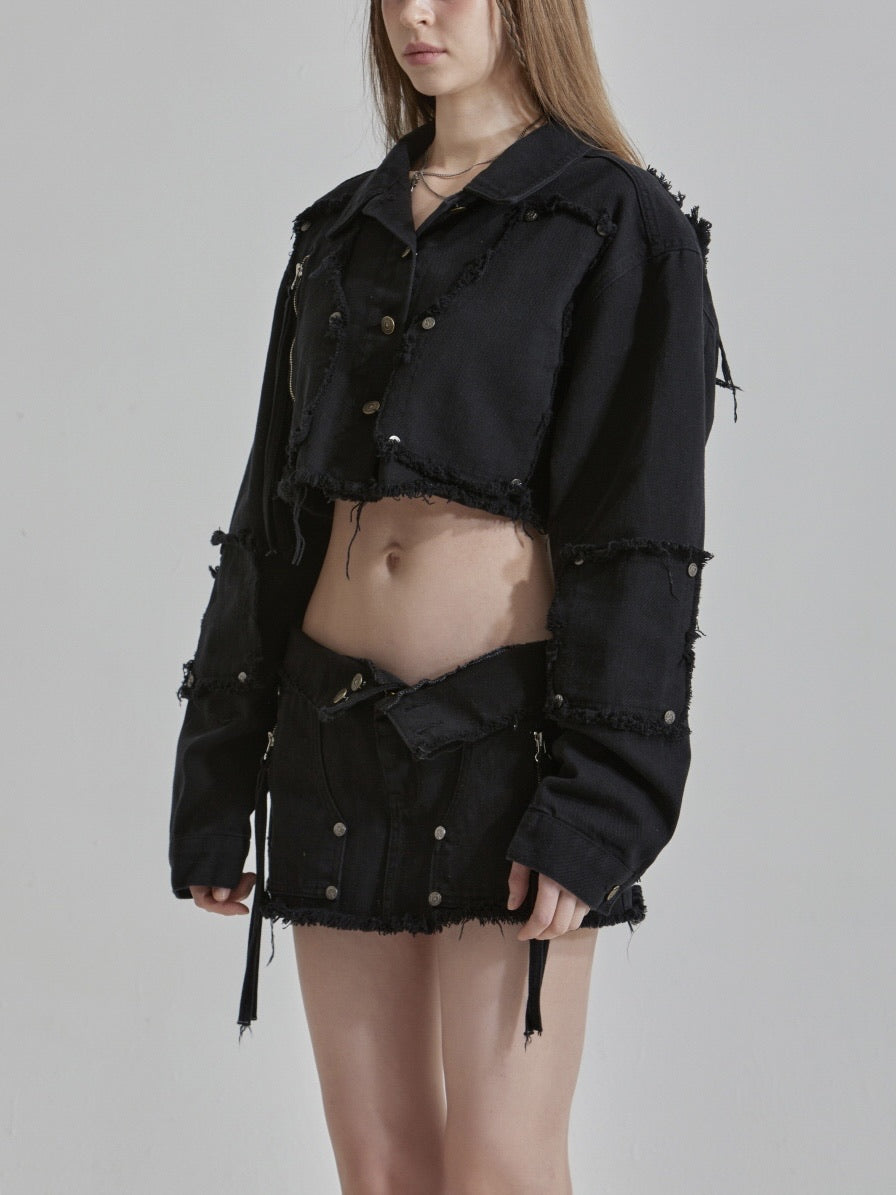 【GATELESS】RIVET FRINGE DENIM MINI SKIRT