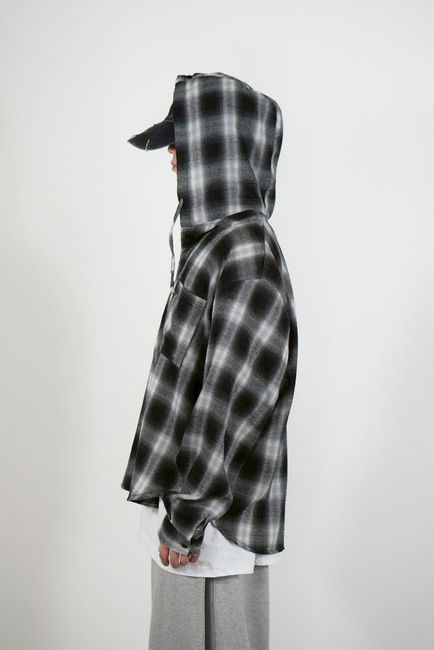 受注制【Chikashitsu +】tartan check hooded shirt (3color) / 【チカシツプラス】タータンチェックフード付き長袖シャツ