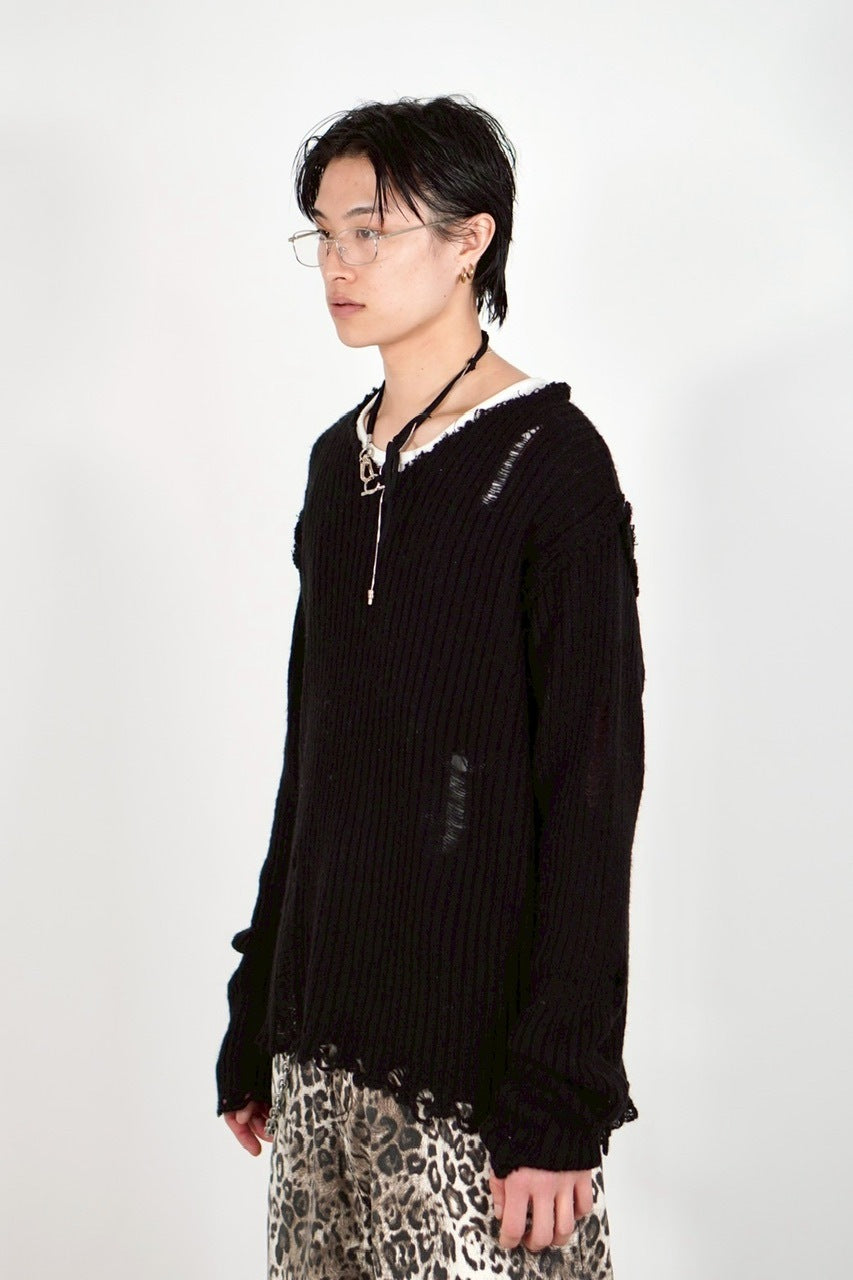 【Chikashitsu +】damage reverse v neck knit (3color) / 【チカシツプラス】リバースVネックダメージニット