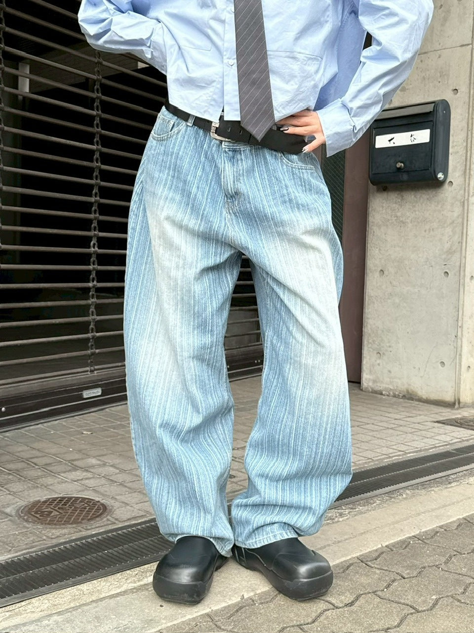 受注制【Chikashitsu +】wide stripe denim pants / 【チカシツプラス】ストライプボーダーワイドデニムパンツ