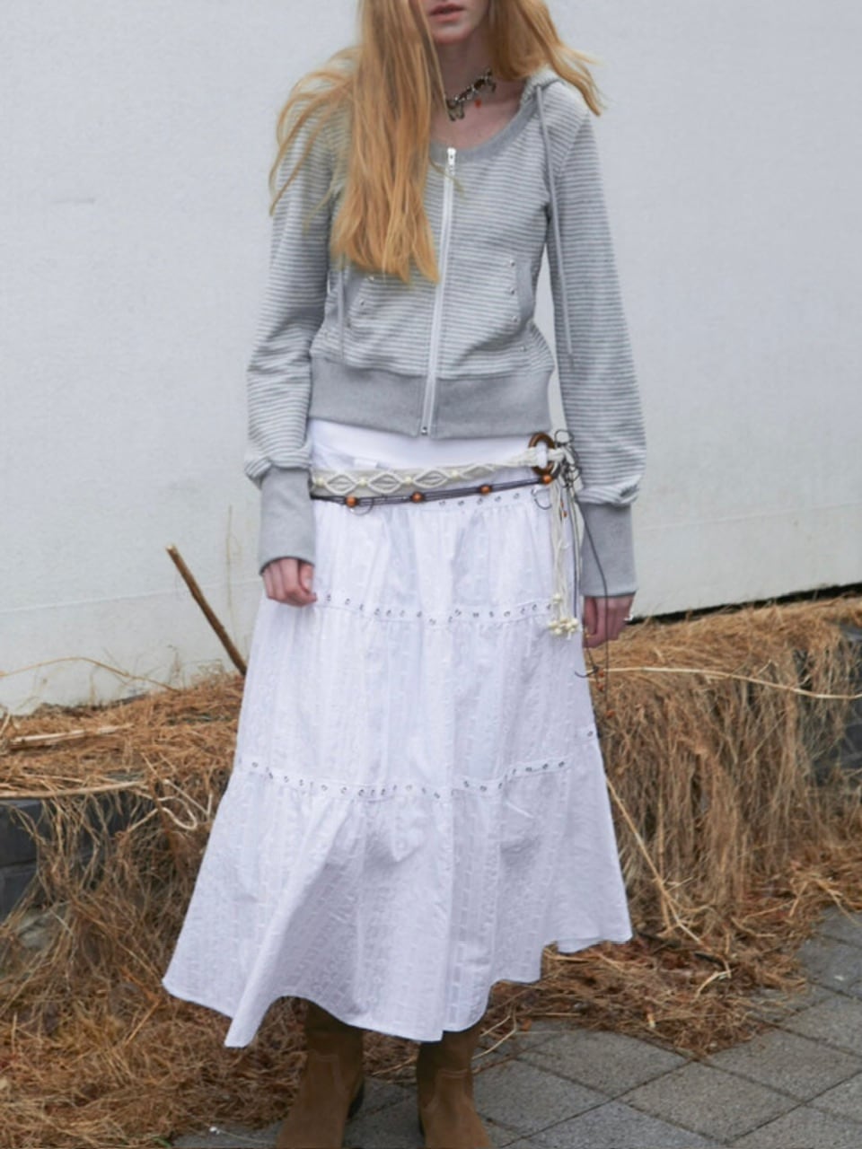 【NOT KNOWING】U Neck Stripe Hood Zip Up