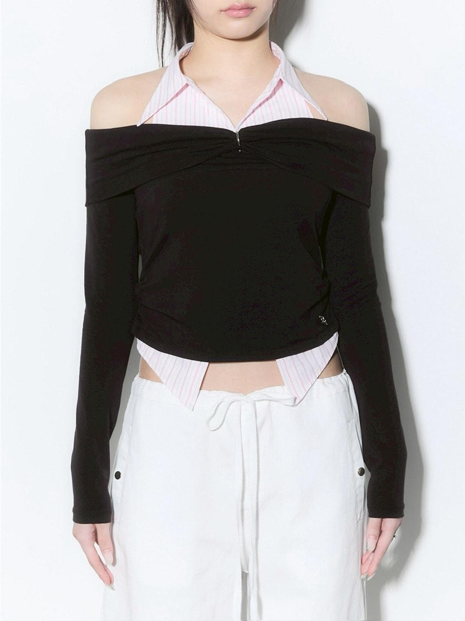 【CHERRYQUIRI】shirts layered off shoulder top
