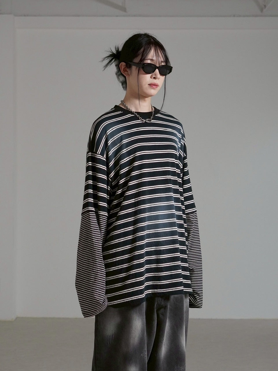 【Chikashitsu +】oversized layered border washed long sleeve / 【チカシツプラス】オーバーサイズウォッシュドレイヤードボーダー長袖Tシャツ(2color)