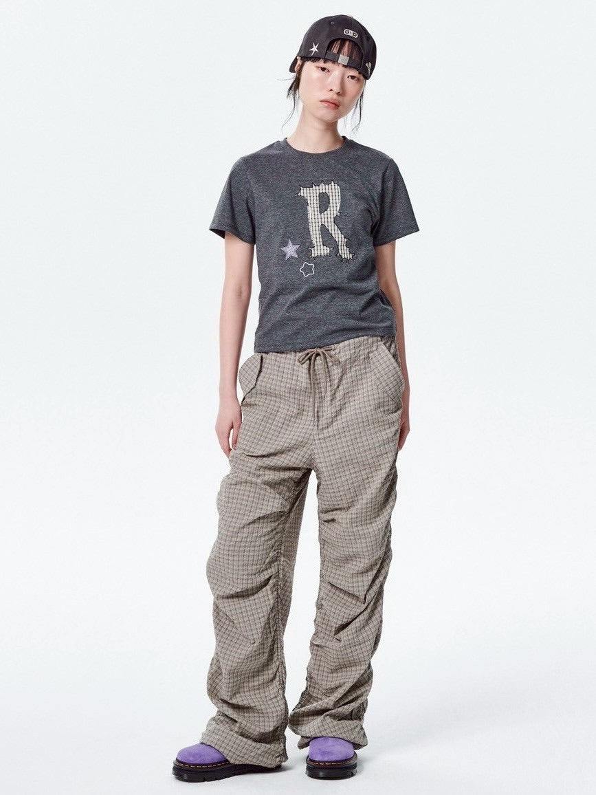 【runningHIGH】CHECK SHIRRING PARACHUTE PANTS