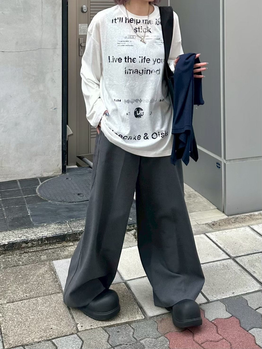 【Chikashitsu +】croque lettering long sleeve / 【チカシツプラス】モックネックレタリング長袖Tシャツ(2color)