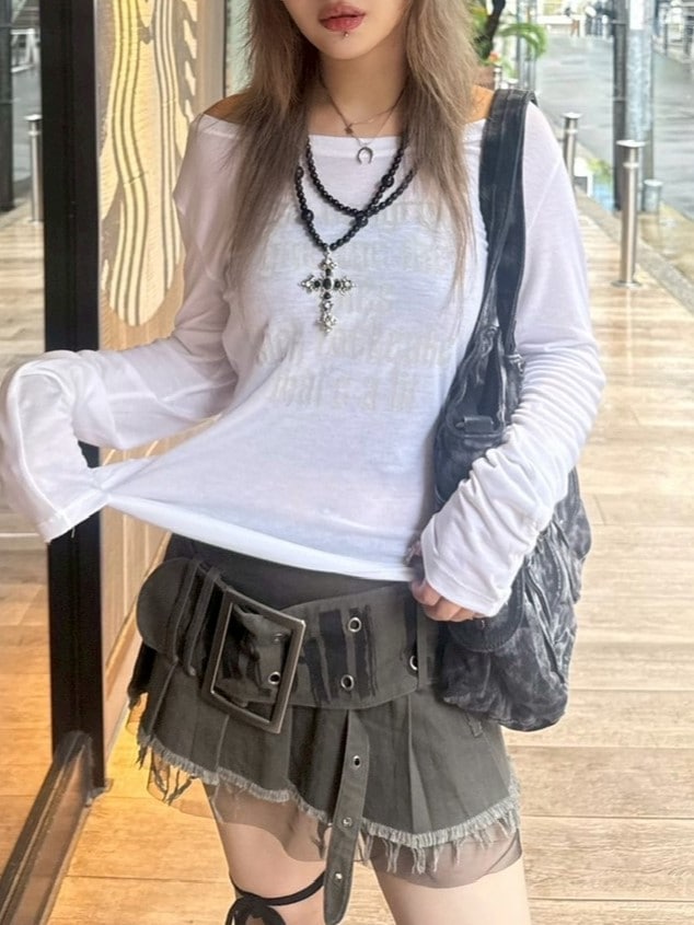 【Cest Nous】Printed Belted Pleated Skirt