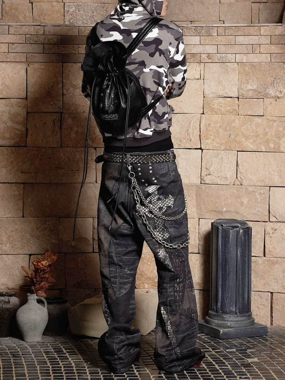 【DND4DES】LEATHER CROSS SPLICING PRINTED JEANS
