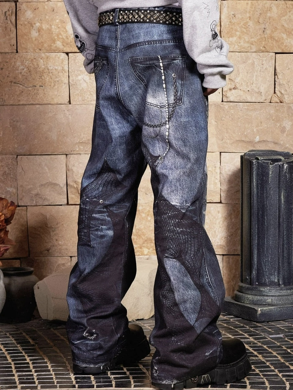 【DND4DES】CHAIN LACE PATCHWORK FLARED JEANS