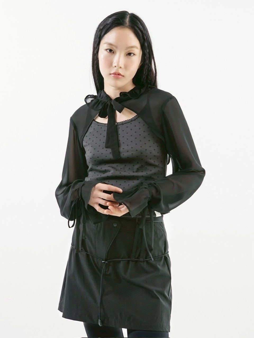 【TUOMIO】CHIFFON HOODED BOLERO / 【トゥオミオ】シフォンフードボレロ