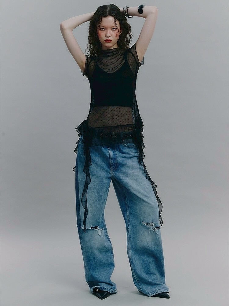 【NOT KNOWING】Dot Mesh Ruffle Top / 【ノットノーイング】ドットメッシュラッフル半袖Tシャツ