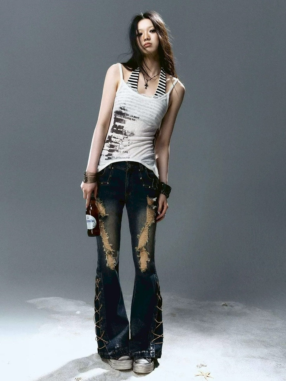 【Cest Nous】Graffiti Tank Top / 【セヌー】2wayグラフィックボーダーレイヤードタンクトップ