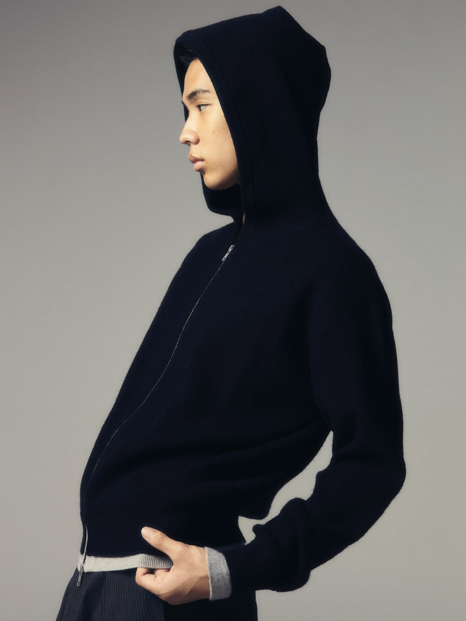 【CS】layered knit zip hoodie (black) / 【シーエス】レイヤードニットジップフーディー