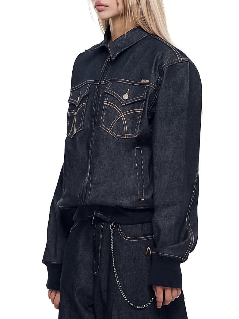 【AAKAM】Banding Denim Zip-Up Jacket
