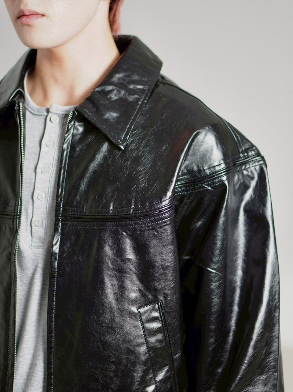 受注制【Chikashitsu +】round stitch non-leather jacket / 【チカシツプラス】ラウンドステッチノンレザージャケット (2color)