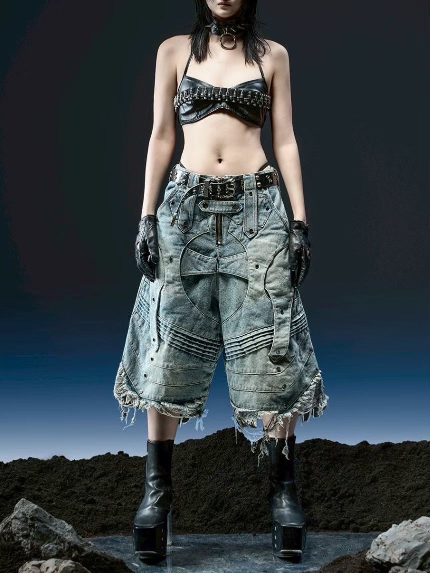 1/2 20:00再販【RICH】Knight Wide Waxed Short Pants/ 【リッチ】デザインデニムダメージハーフパンツ