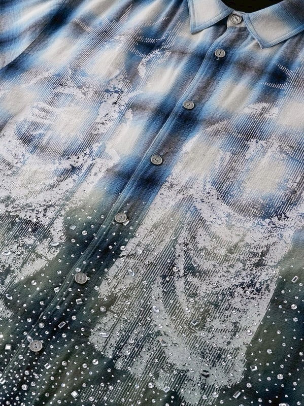 【The Boy Has No Patience】Saint Irregular Hot Diamond Plaid Shirt / 【ザボーイハズノーペーシェンス】ラインストーングラデーション長袖チェックシャツ