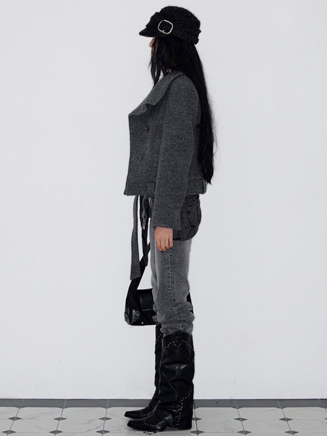 【NOT KNOWING】Double Belted High-Neck Coat