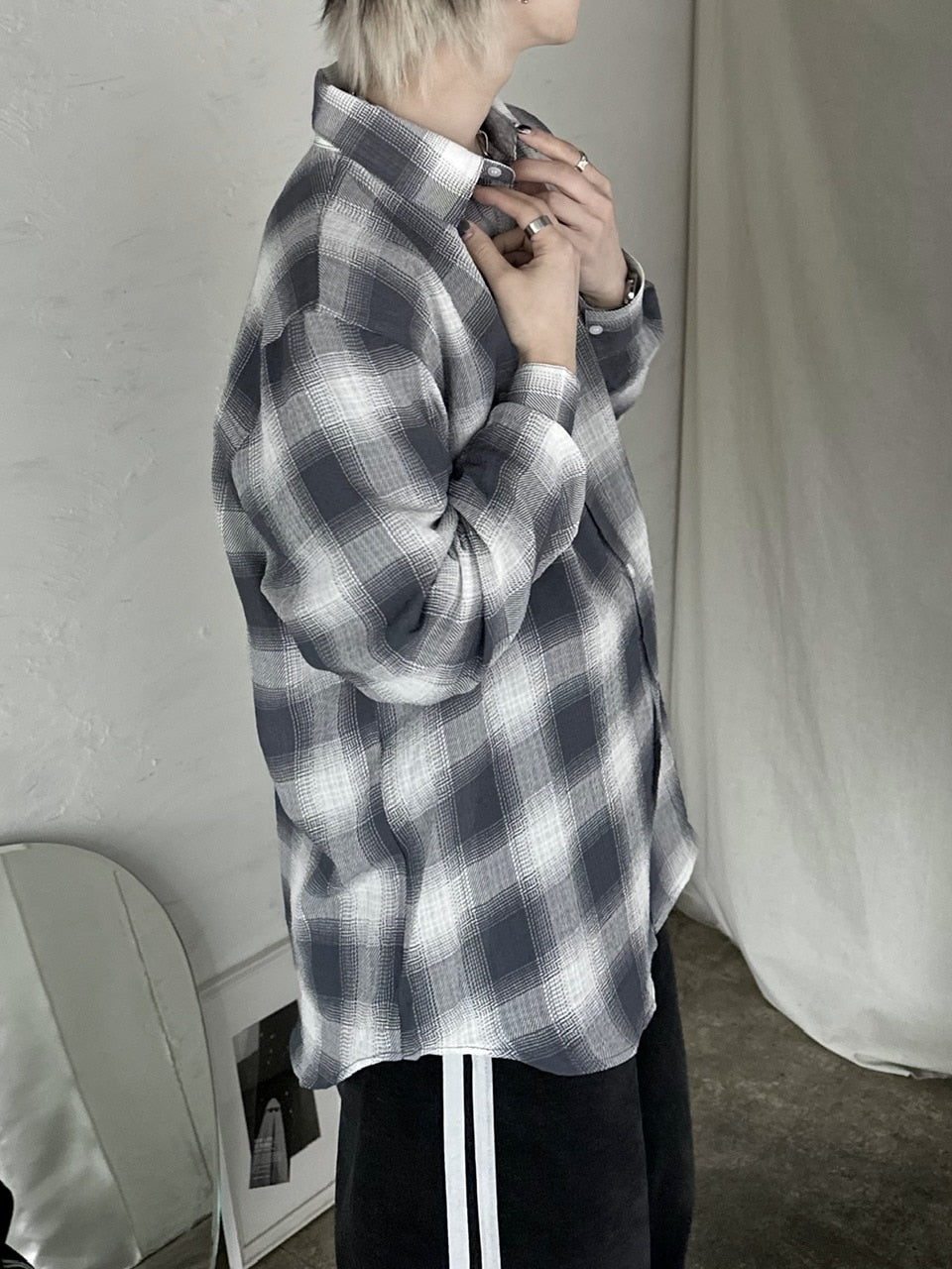 大阪店WEB限定受注制【Chikashitsu +】over fit shadow check shirt (3color)