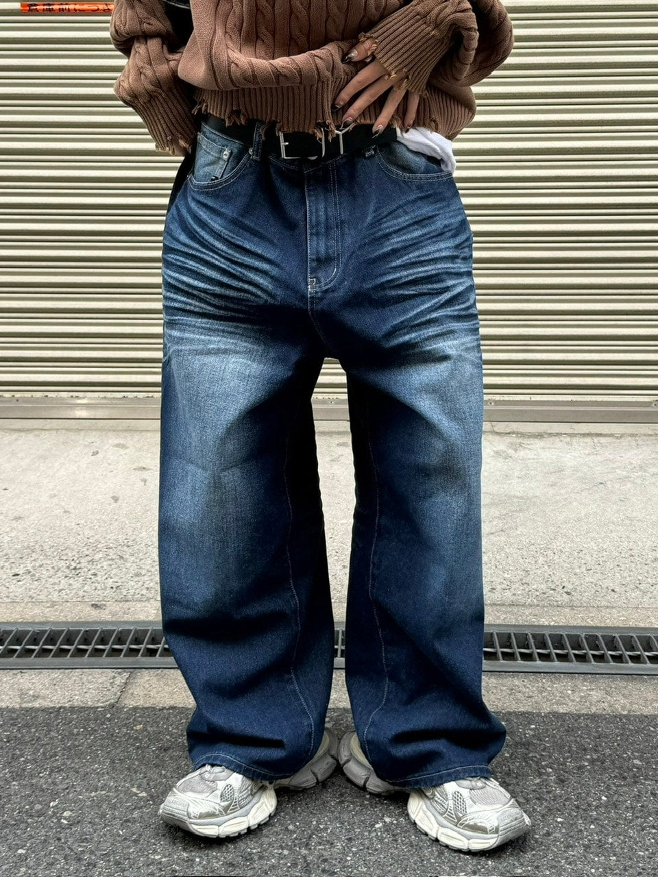 【Chikashitsu +】design washing wide denim pants (2color) / 【チカシツプラス】デザインウォッシングワイドデニムパンツ