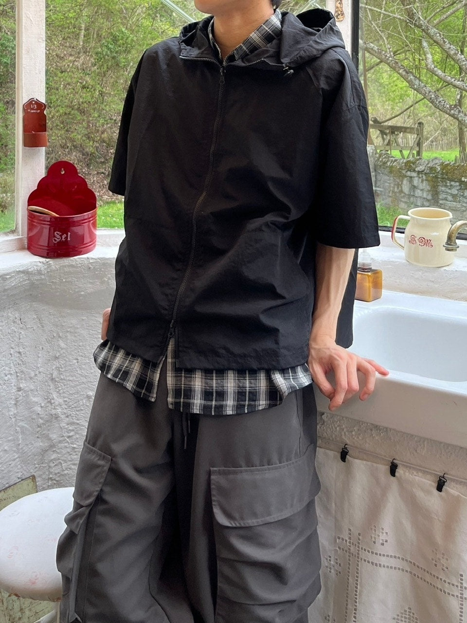 受注制【youll】half sleeve nylon hooded blouson (2color)