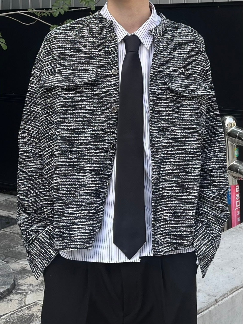 受注制【Chikashitsu +】no collar light tweed shirt (2color)