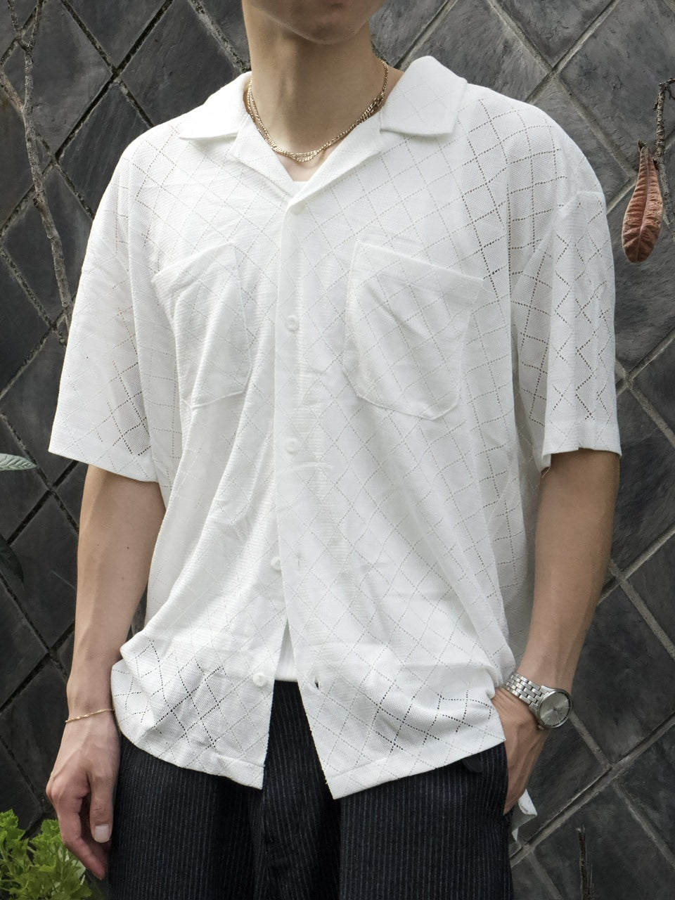 東京店WEB限定受注制【Chikashitsu +】argyle knit open color shirt (3color)